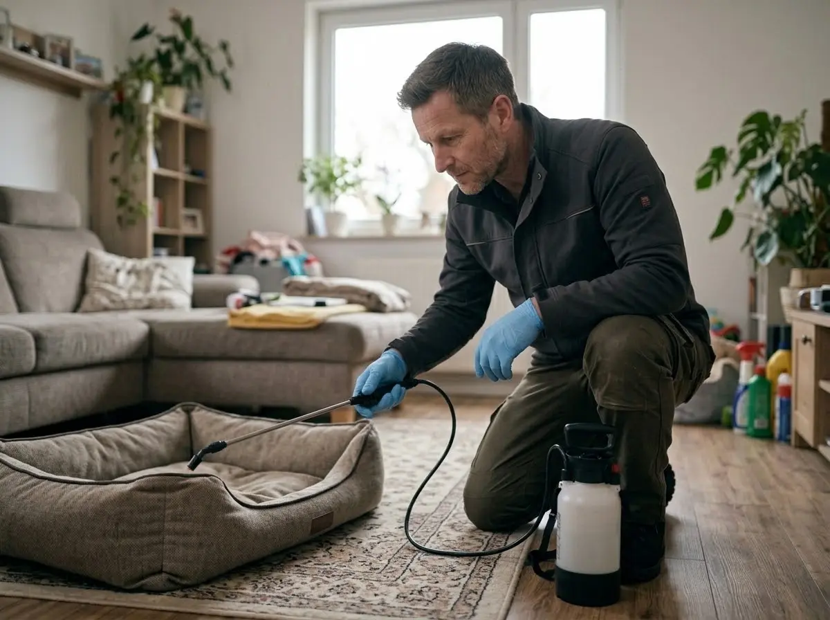 Kammerjäger behandelt Teppich und Hundebett gegen Flöhe
