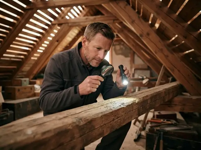 Techniker untersucht einen Dachbalken mit Holzwurmlöchern