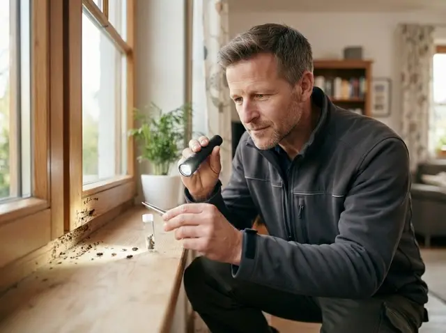 Techniker bestimmt kleine Käfer am Fensterrahmen