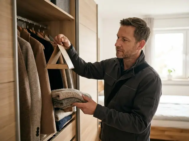 Kammerjäger hängt eine Pheromonfalle in einen Kleiderschrank