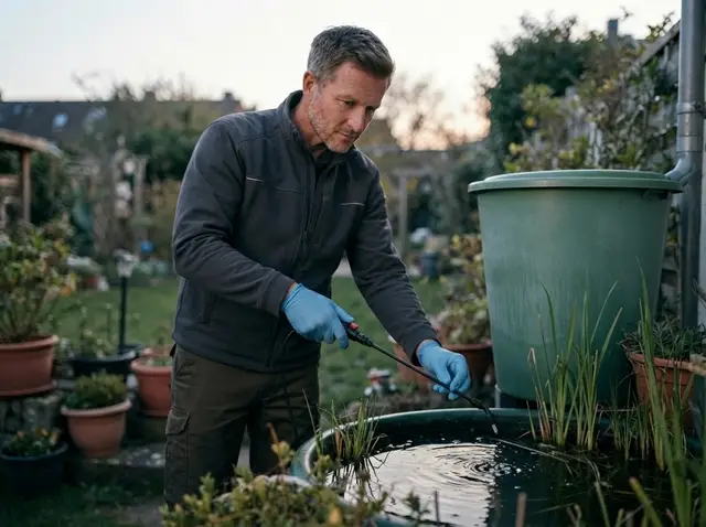 Techniker behandelt eine Regentonne im Garten gegen Mückenlarven