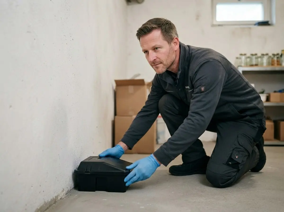 Kammerjäger stellt eine Köderbox gegen Ratten im Keller auf