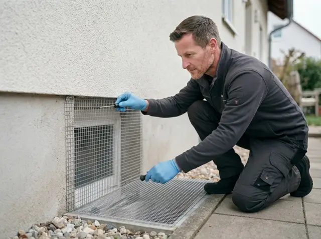 Kammerjäger montiert ein Schutzgitter an der Hauswand