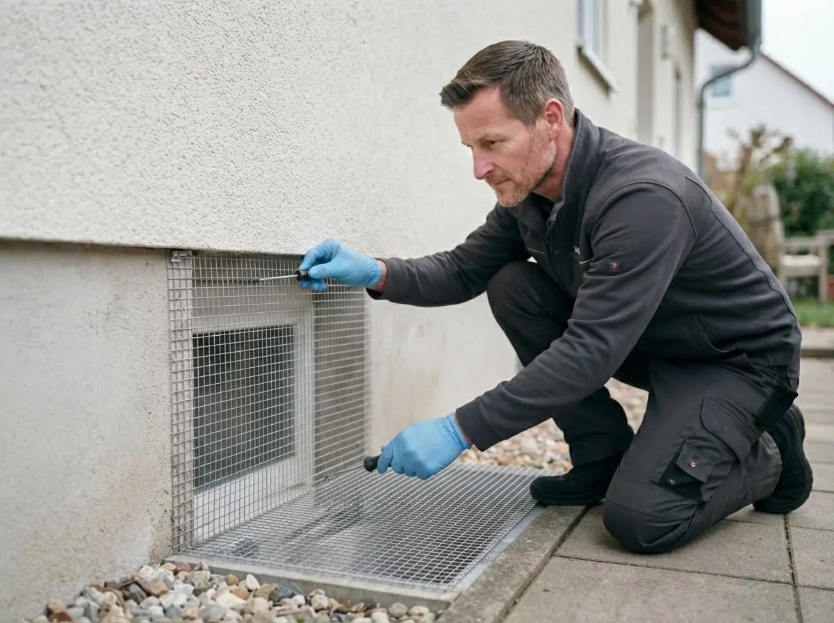 Techniker sichert einen Kellerschacht am Wohnhaus mit Gitter
