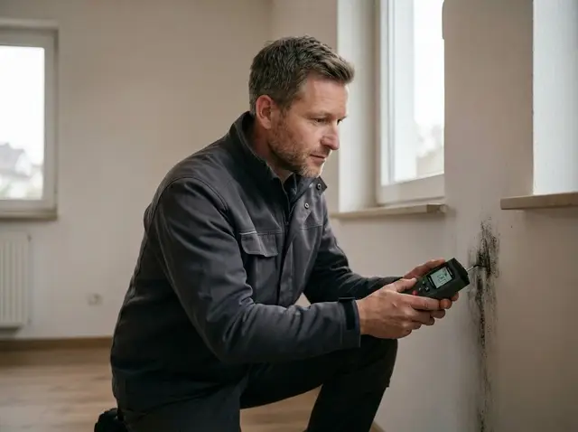 Techniker misst die Wandfeuchte neben einem Schimmelfleck
