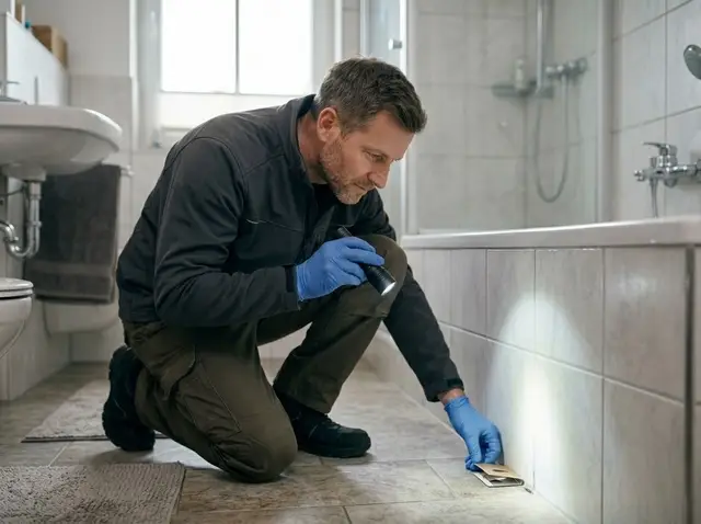 Techniker untersucht Fugen im Badezimmer auf Silberfischchen